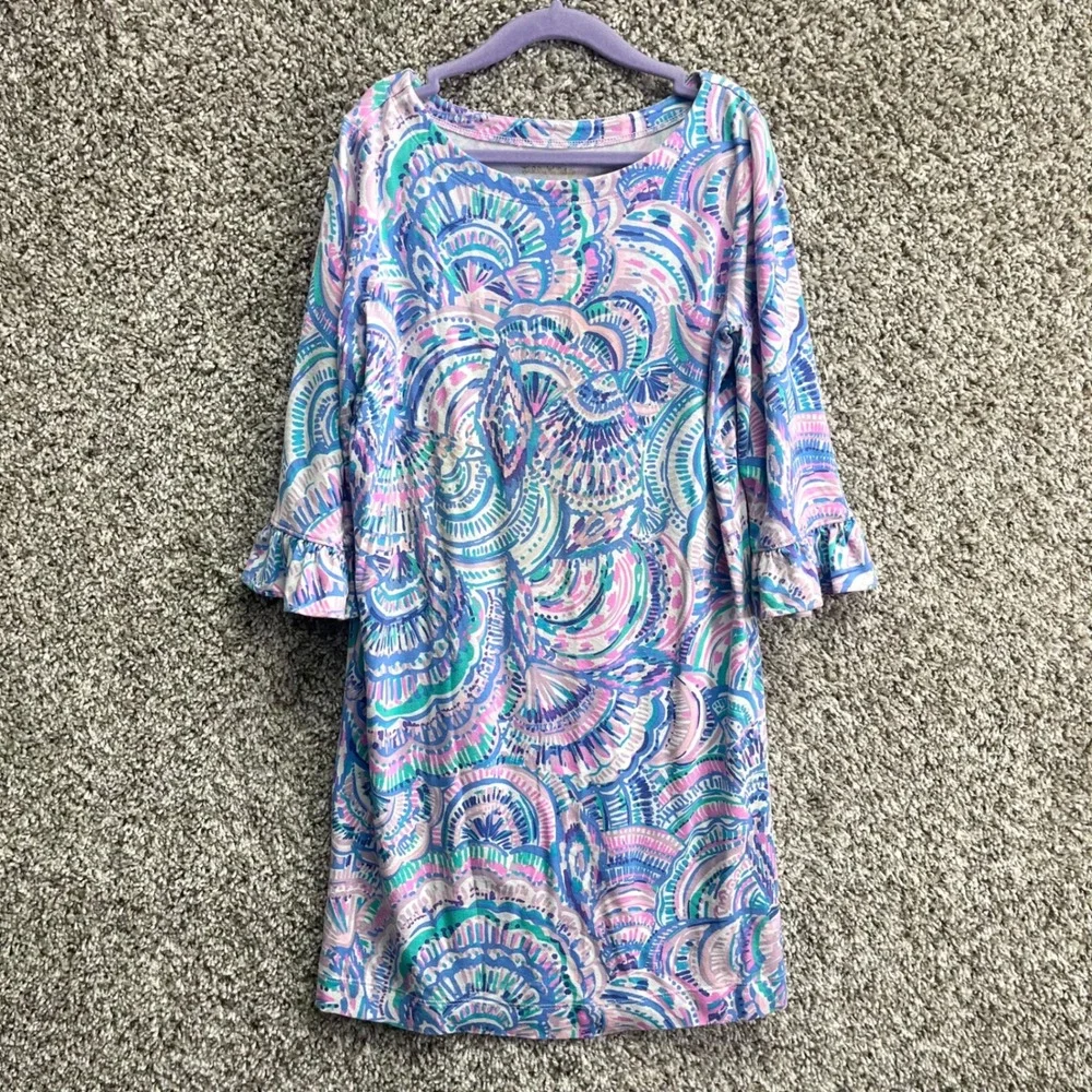 Lilly Pulitzer Dress Girls L 8-10 Sophie Blue/Pink Sea Shell Ruffle Sleeve Shift